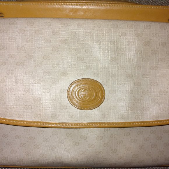❤️ GUCCI Micro G Logo Print Tan Canvas Leather Coated Canvas Clutch Shoulder Bag - Picture 3 of 15